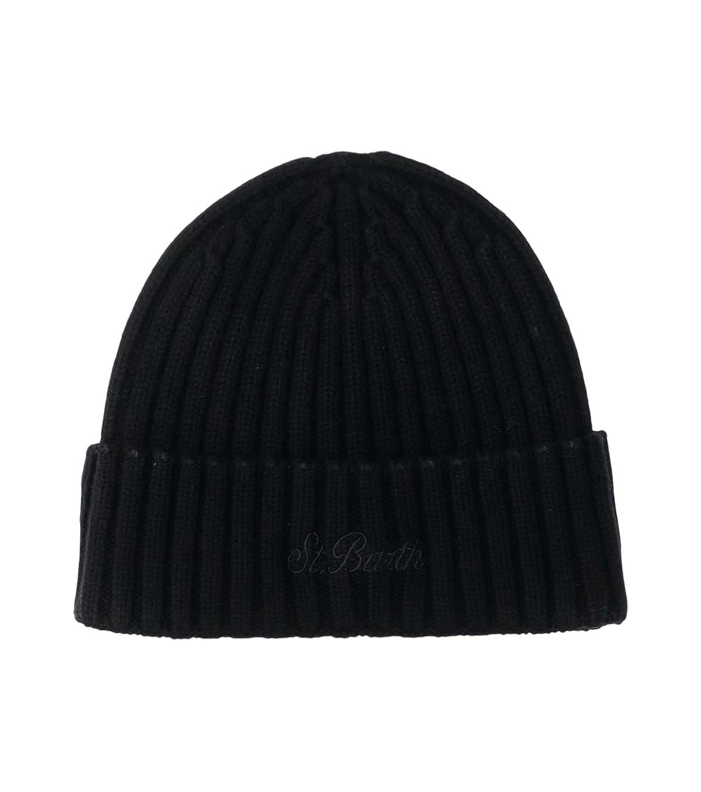 Black Ribbed Logo Beanie Hat 1