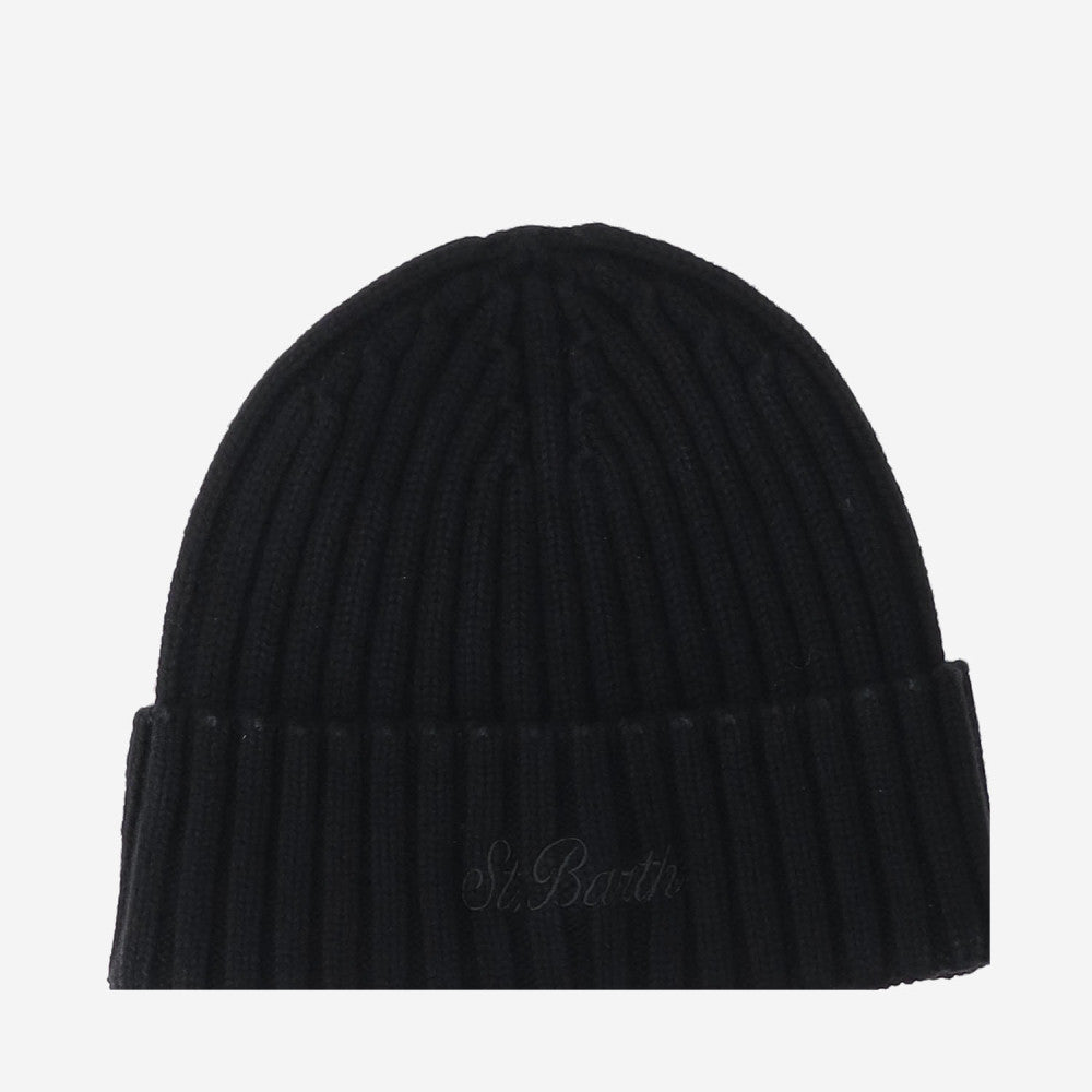 Black Ribbed Logo Beanie Hat 3