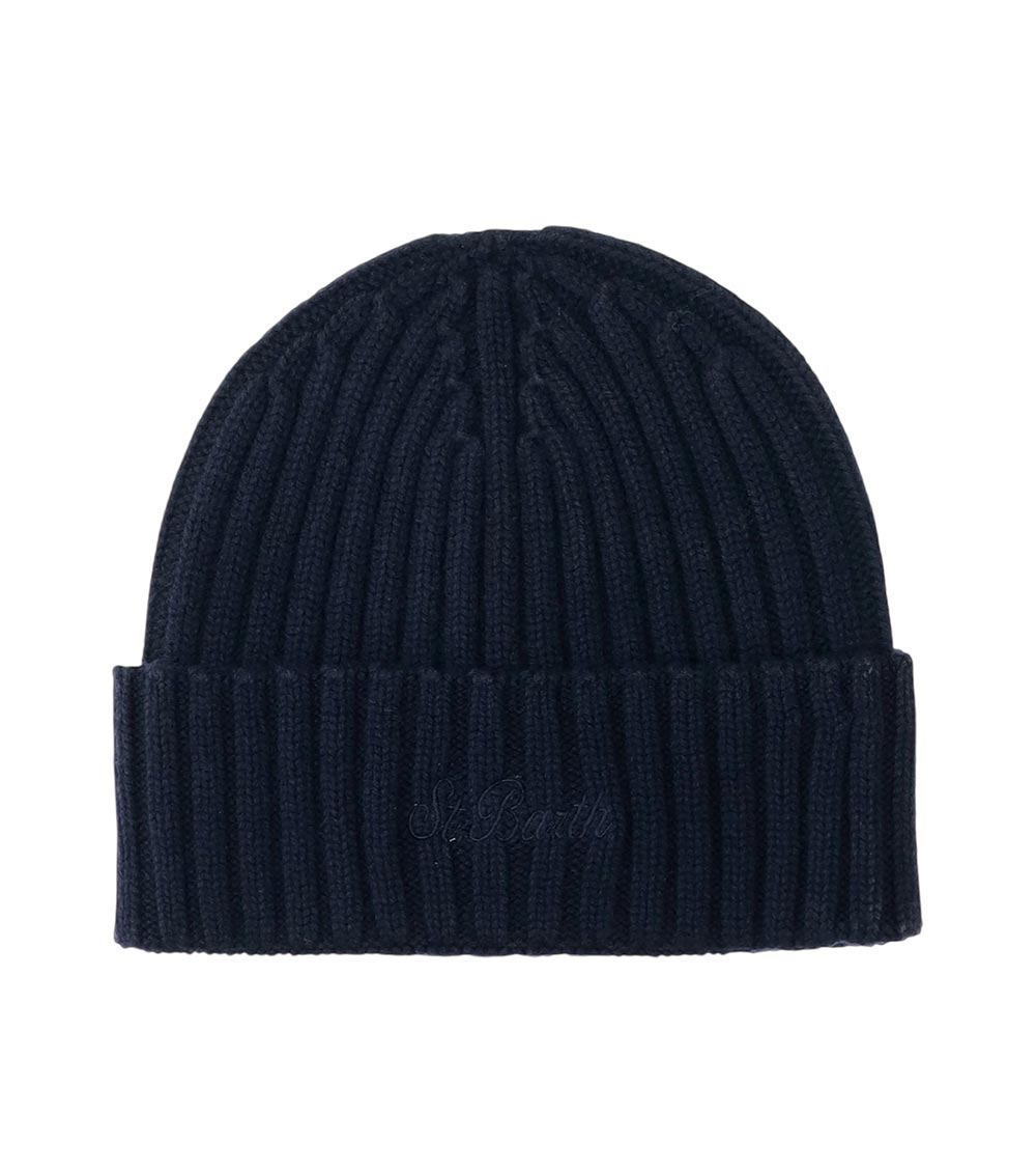 Navy Blue Ribbed Logo Beanie Hat 1