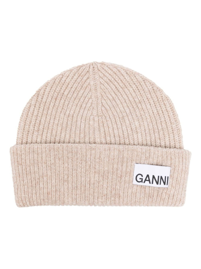 Beige Logo-patch ribbed beanie 1