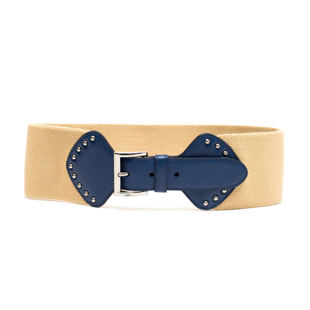 Beige Blue Studded Buckle Belt 1