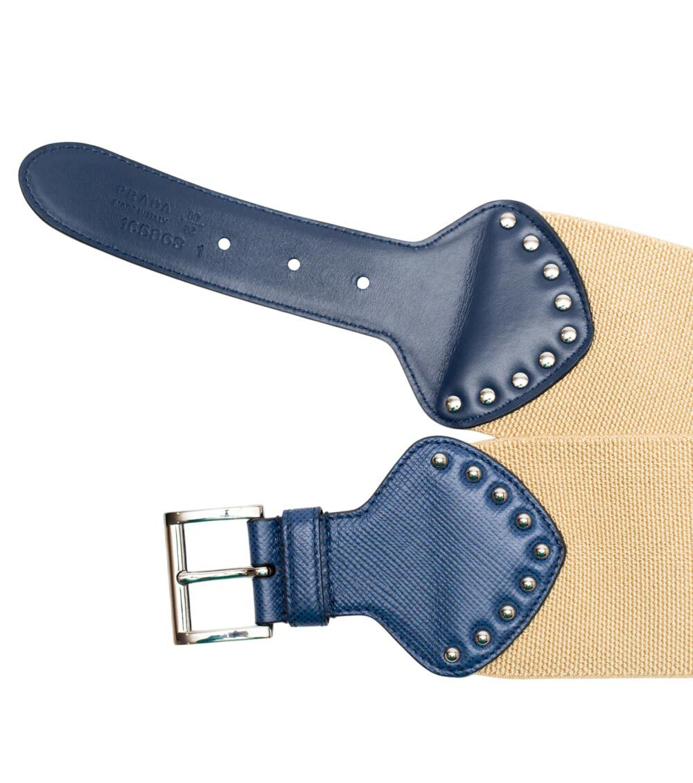 Beige Blue Studded Buckle Belt 2