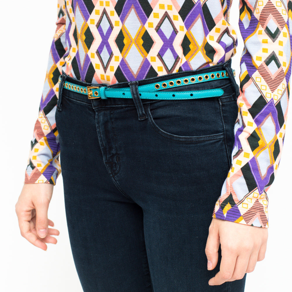 Light Blue Skinny Eyelet Embellished Belt 5