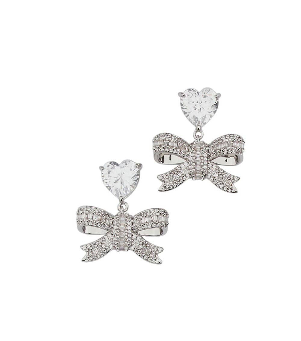 Silver Crystal Heart Bow Drop Earrings 1