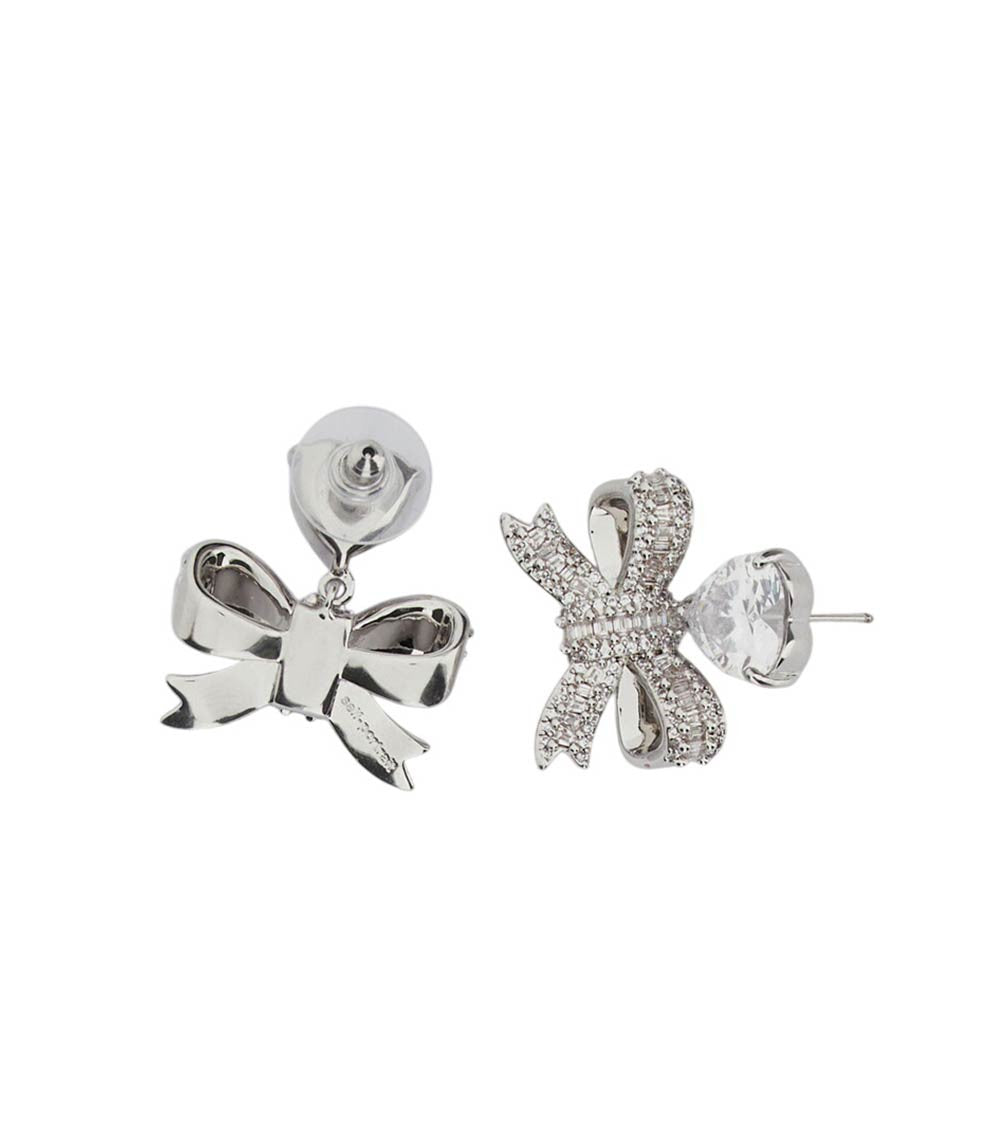 Silver Crystal Heart Bow Drop Earrings 2