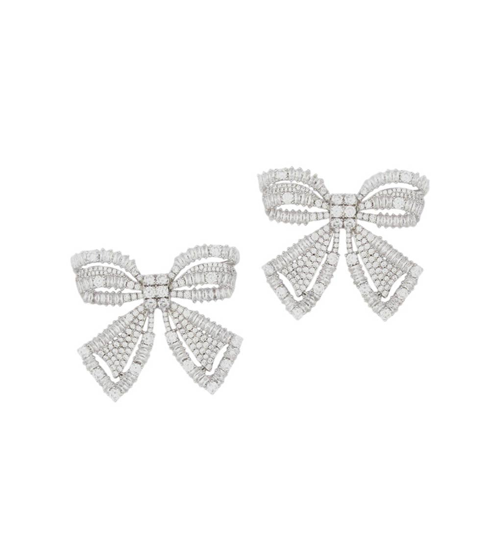 Silver Crystal Bow Stud Earrings 1