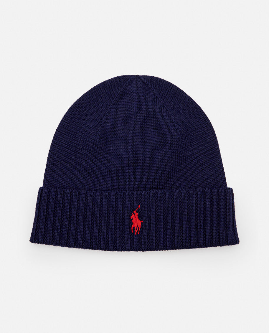 Navy Blue Embroidered Logo Beanie Cap 1