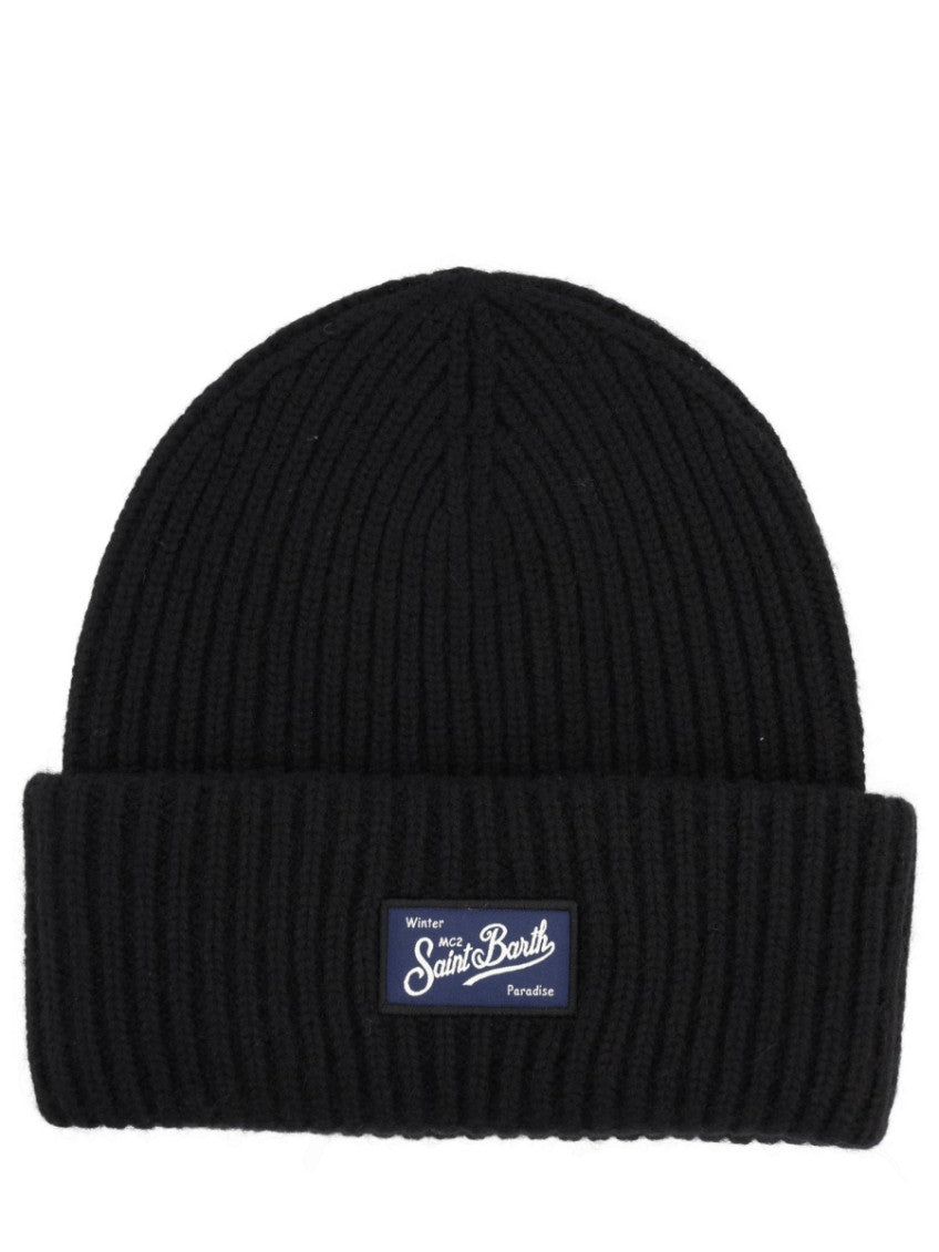 Black Ribbed Logo Beanie 1