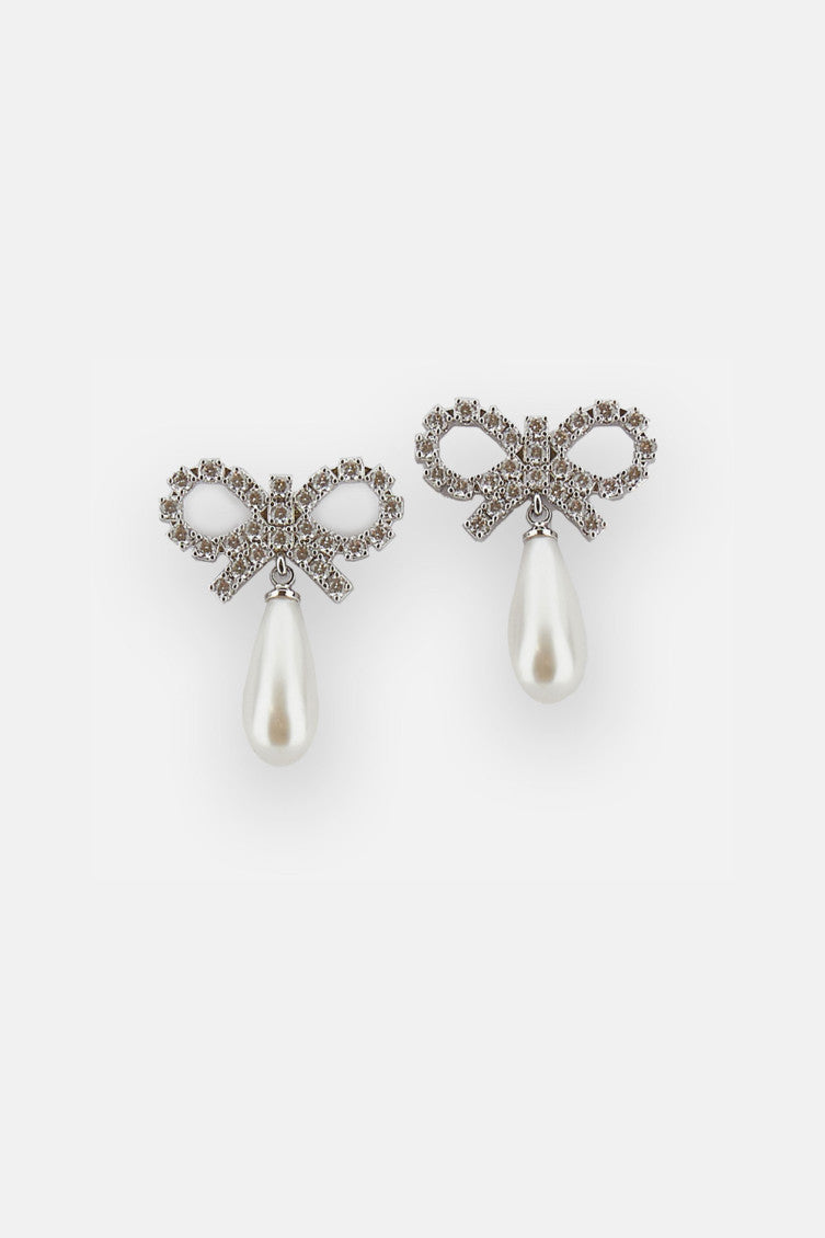 White Crystal Bow Pearl Earrings 1