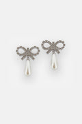 White Crystal Bow Pearl Earrings 1