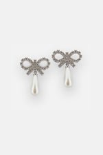 White Crystal Bow Pearl Earrings 1