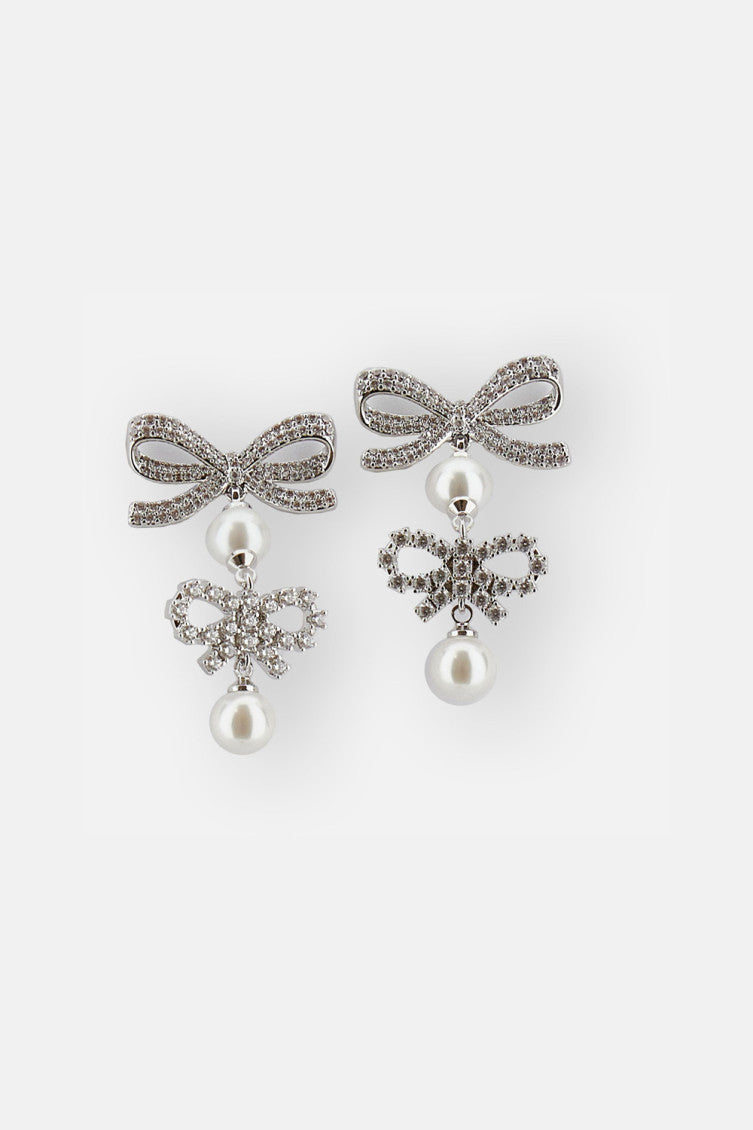 Silver Double Bow Pearl Earrings 1