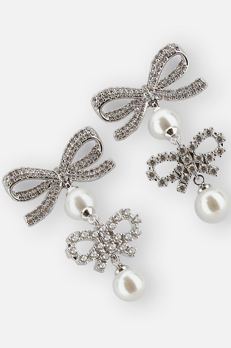 Silver Double Bow Pearl Earrings 2