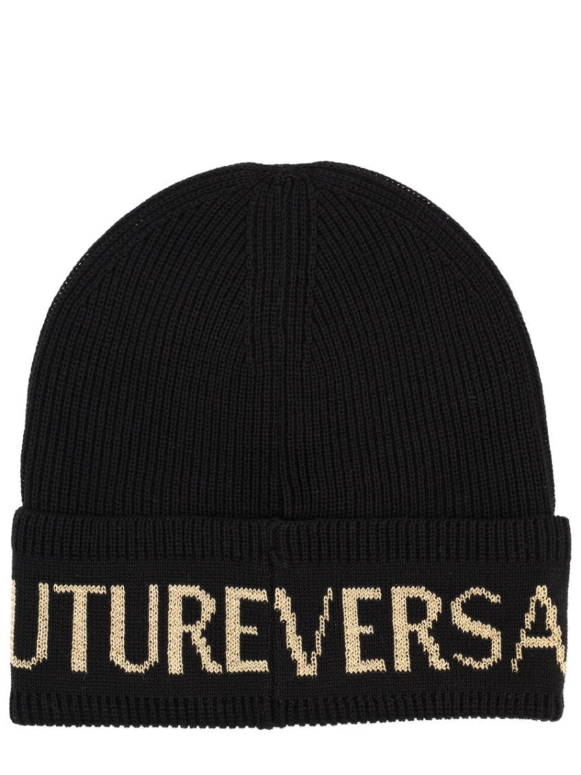 Black Ribbed  Logo Beanie 2