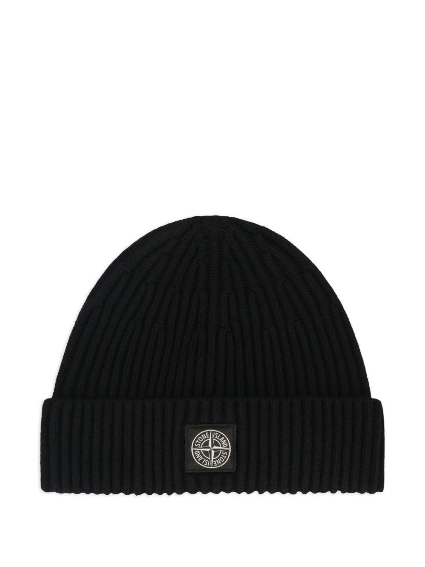 Black Ribbed Logo Beanie Cap 1