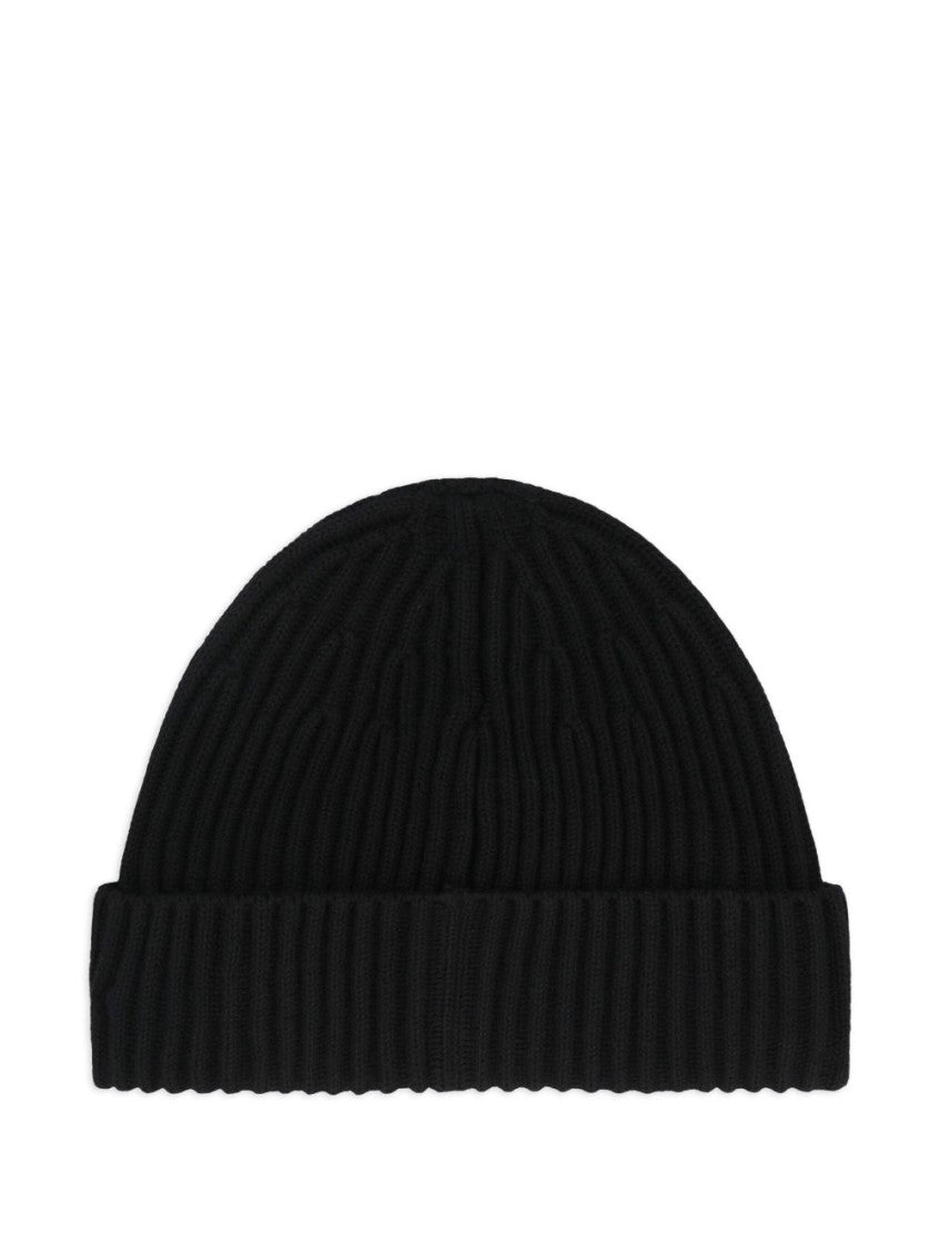 Black Ribbed Logo Beanie Cap 2