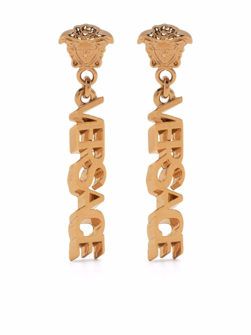 Golden La Medusa logo pendant earrings 1