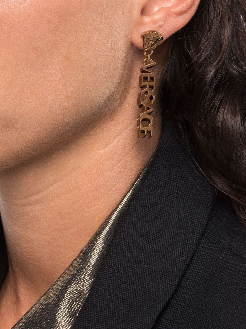 Golden La Medusa logo pendant earrings 2