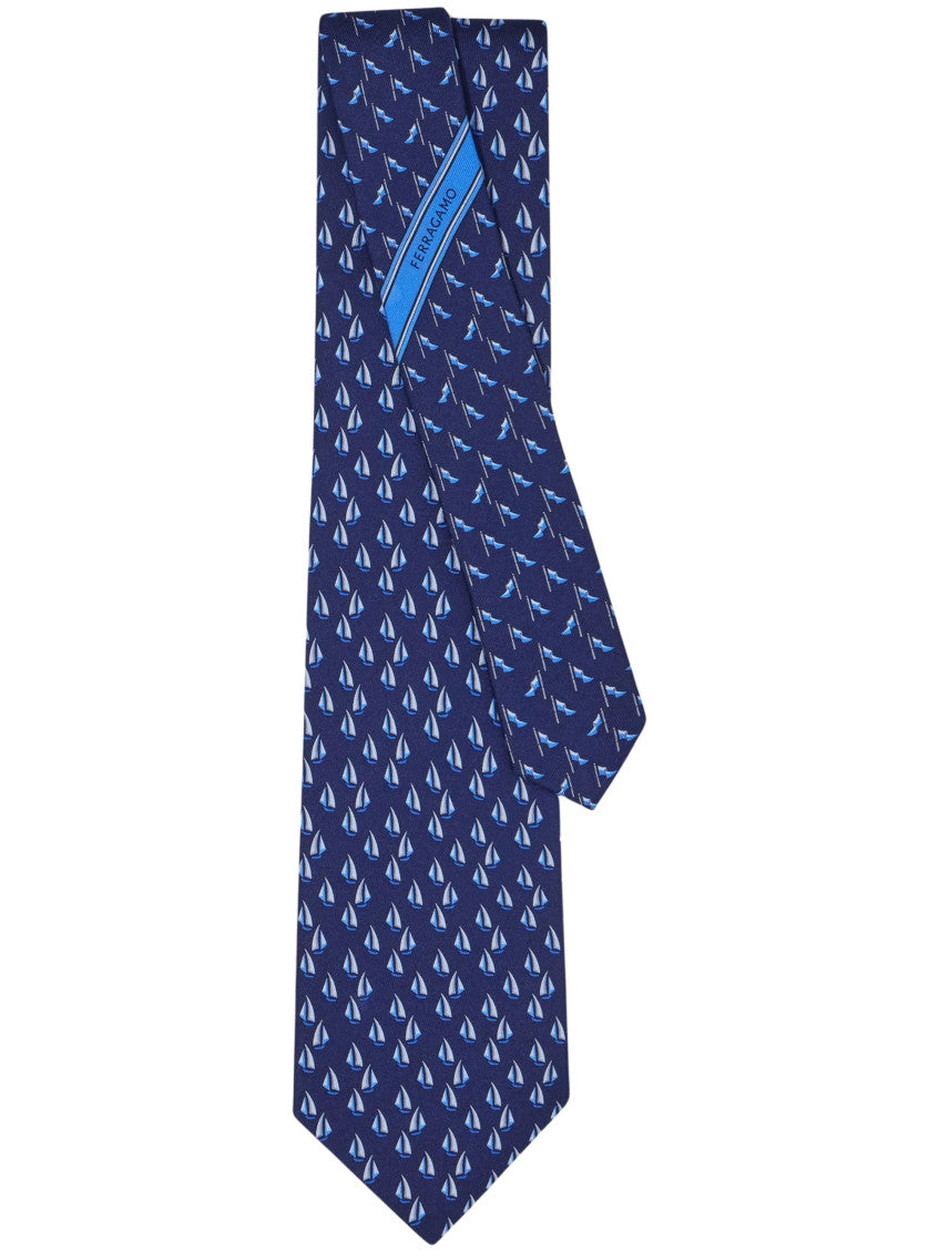 Navy Sailboat Printed Tie 1
