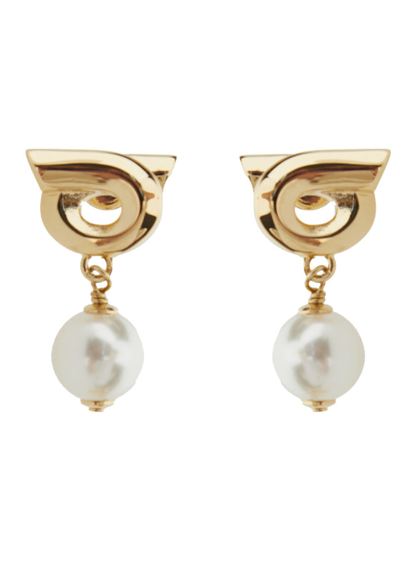 Gold 'Gancini' Gold Colored Pendant Earrings with Synthetic Pearls in Brass Woman 1