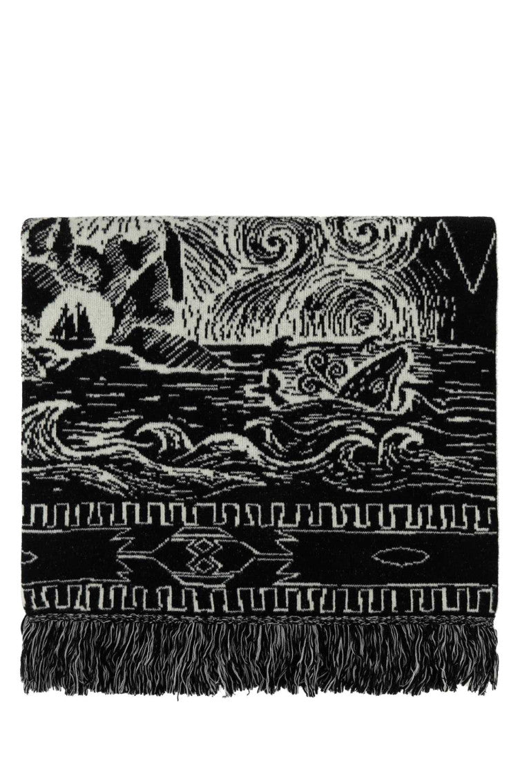 Black & White Intarsia-knit Frayed Scarf 1