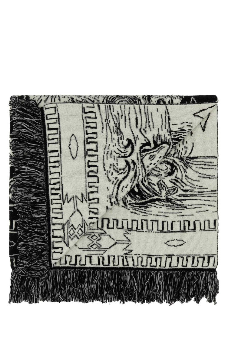 Black & White Intarsia-knit Frayed Scarf 2