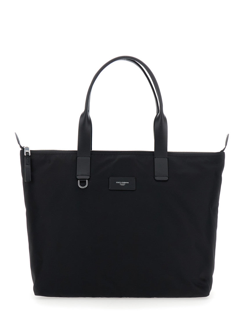 Black Logo Plaque Top Zip Tote 1
