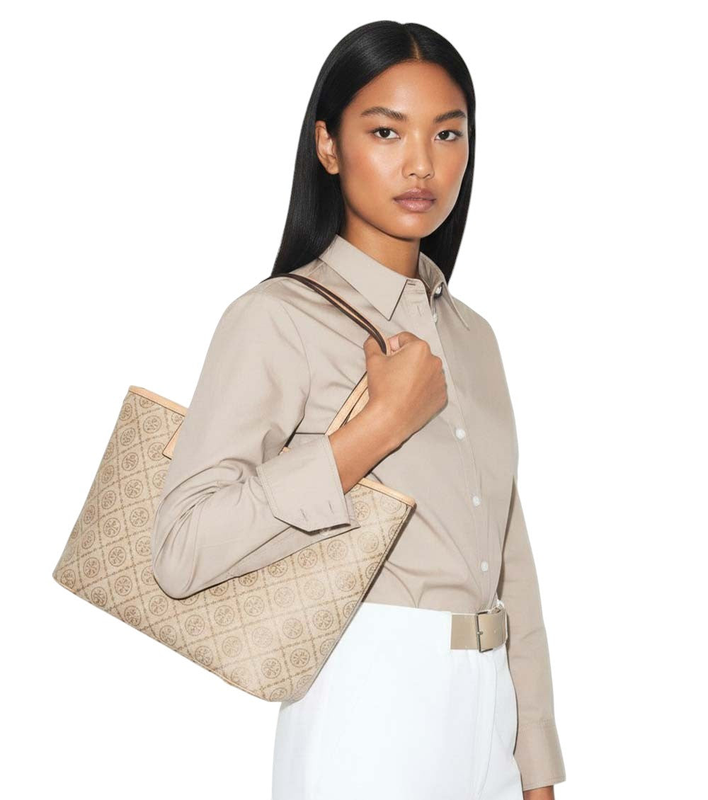 Beige T Monogram Top Zip Small Tote 5