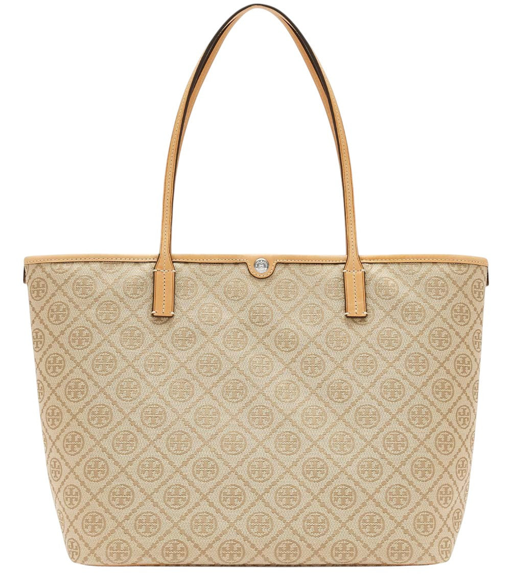 Beige T Monogram Top Zip Large Tote 1