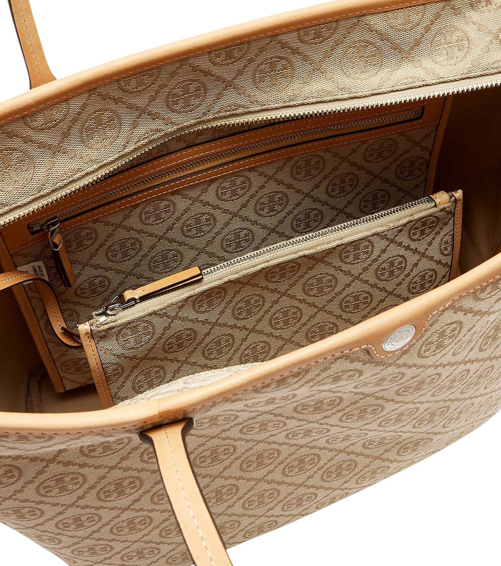 Beige T Monogram Top Zip Large Tote 3