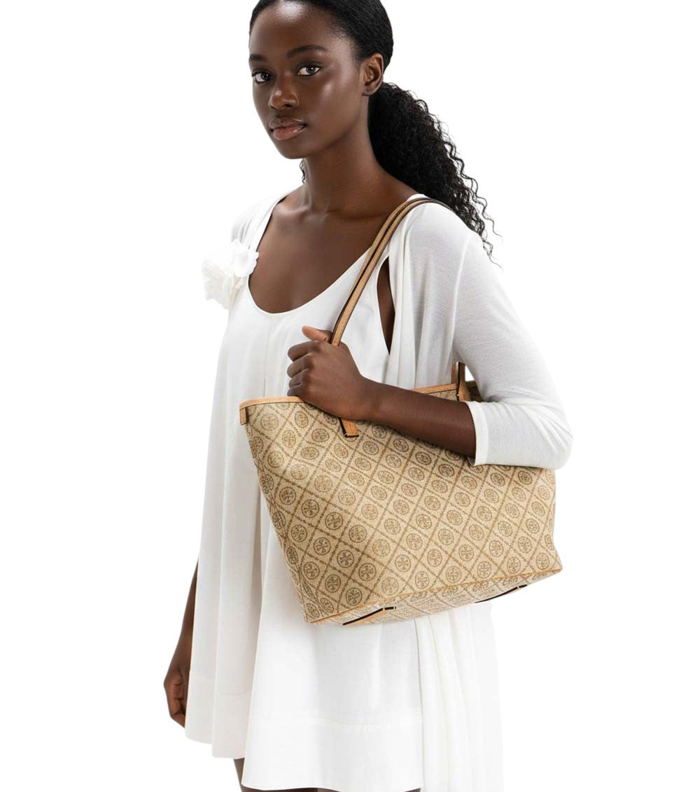 Beige T Monogram Top Zip Large Tote 4