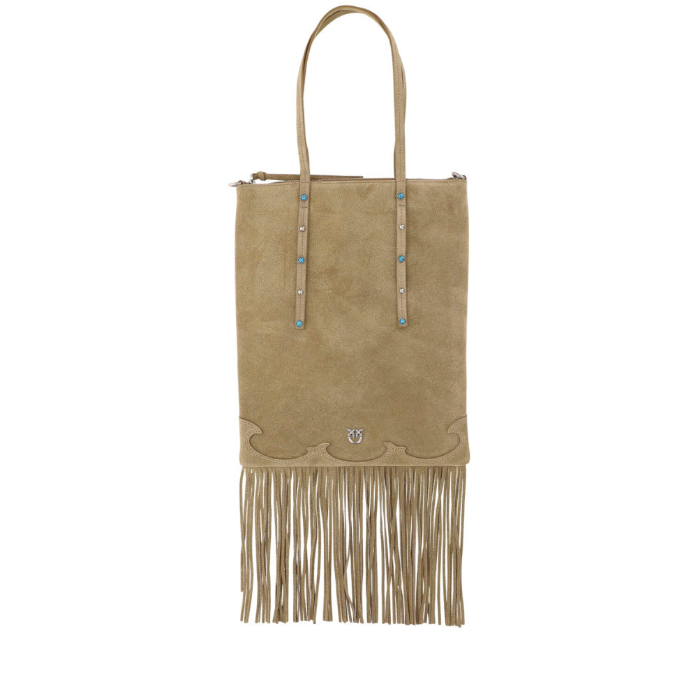 Beige Fringed Top Zip Medium Tote 1