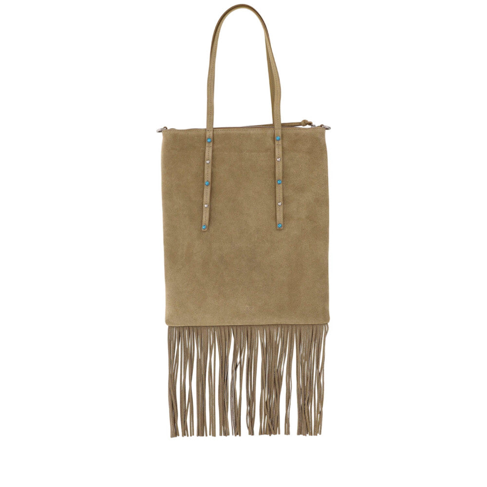 Beige Fringed Top Zip Medium Tote 2