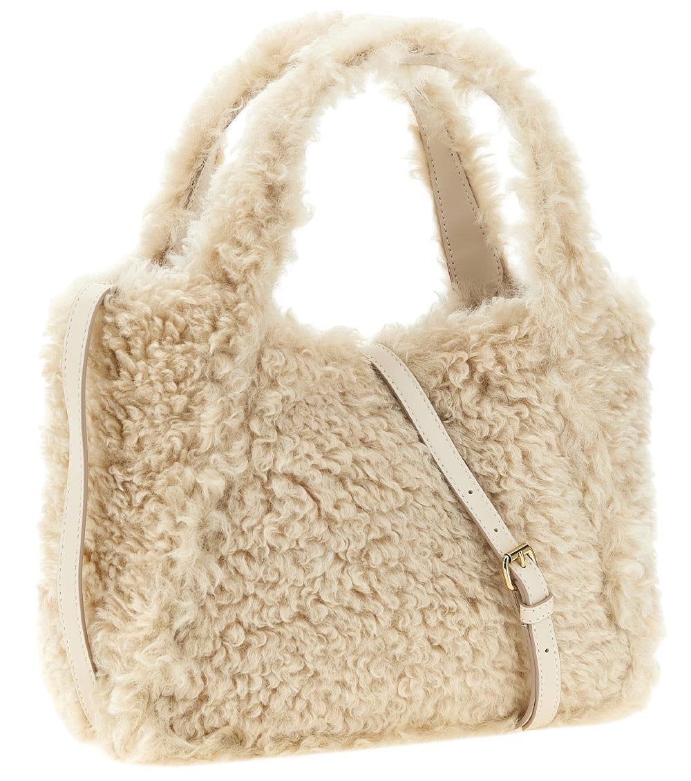 Beige Shearling Logo Large Tote 3