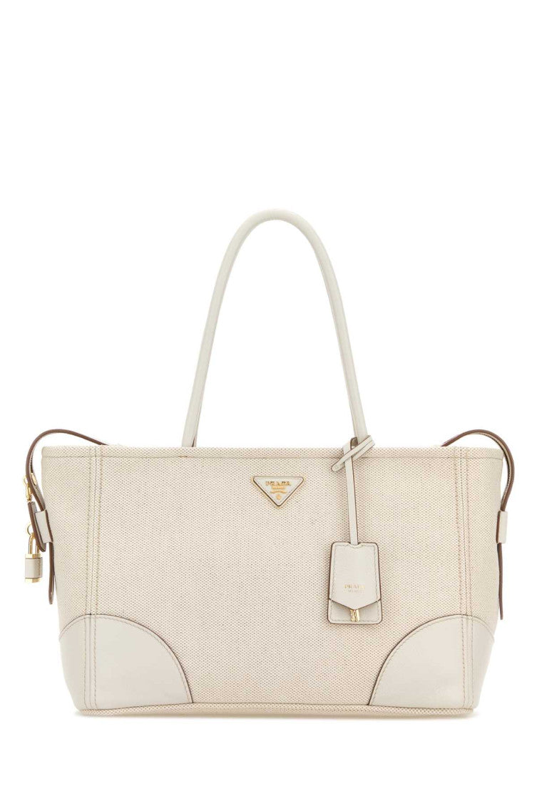 Tan/Chalk White Logo Top Zip Large Tote 1