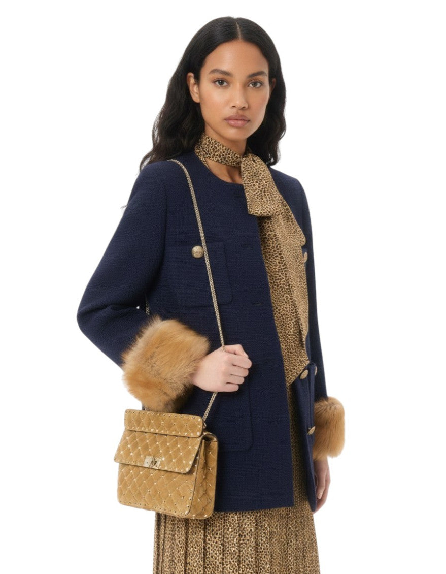 Beige Rockstud Spike Medium Shoulder Bag 6