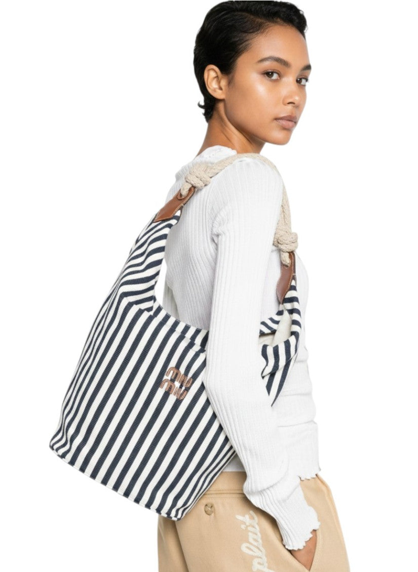Navy Blue Striped Large Tote 5