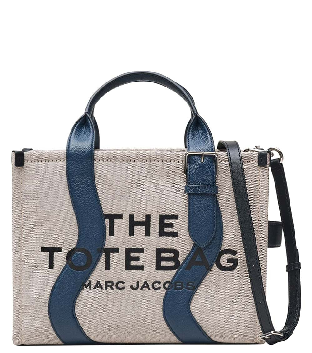 Beige/Navy Wavy Top Zip Medium Tote 1