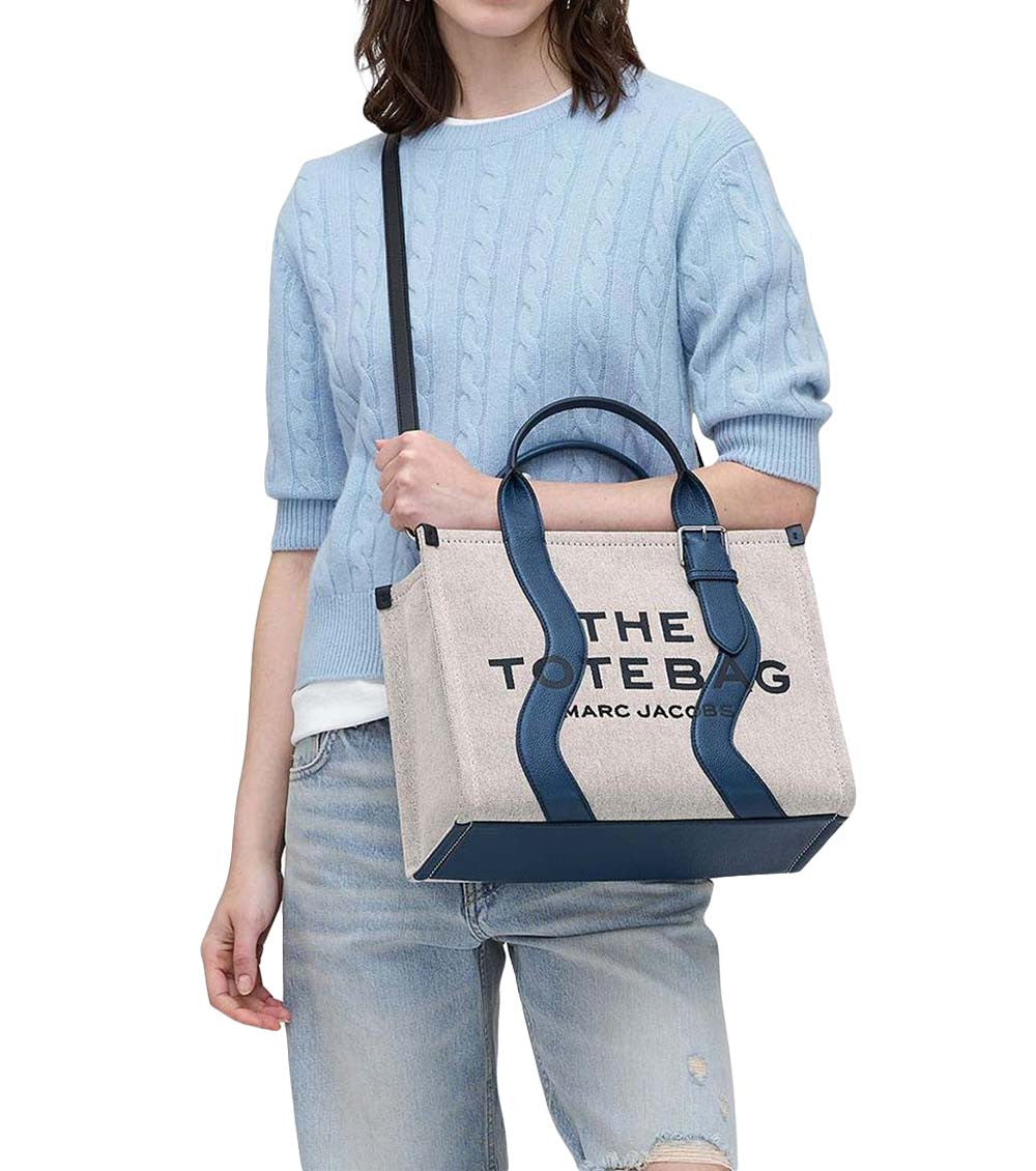 Beige/Navy Wavy Top Zip Medium Tote 5