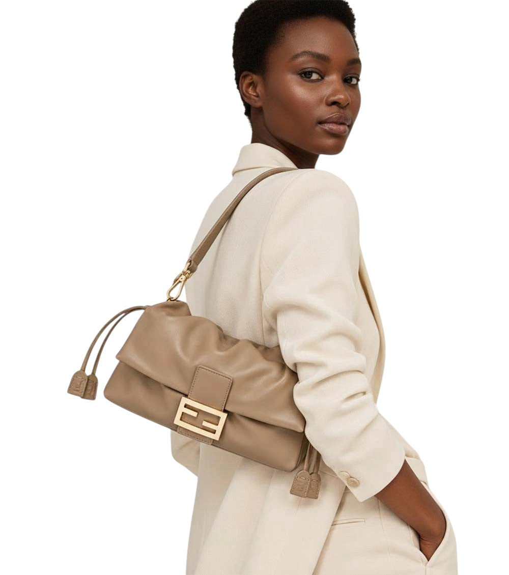 Beige Baguette Soft Medium Shoulder Bag 5
