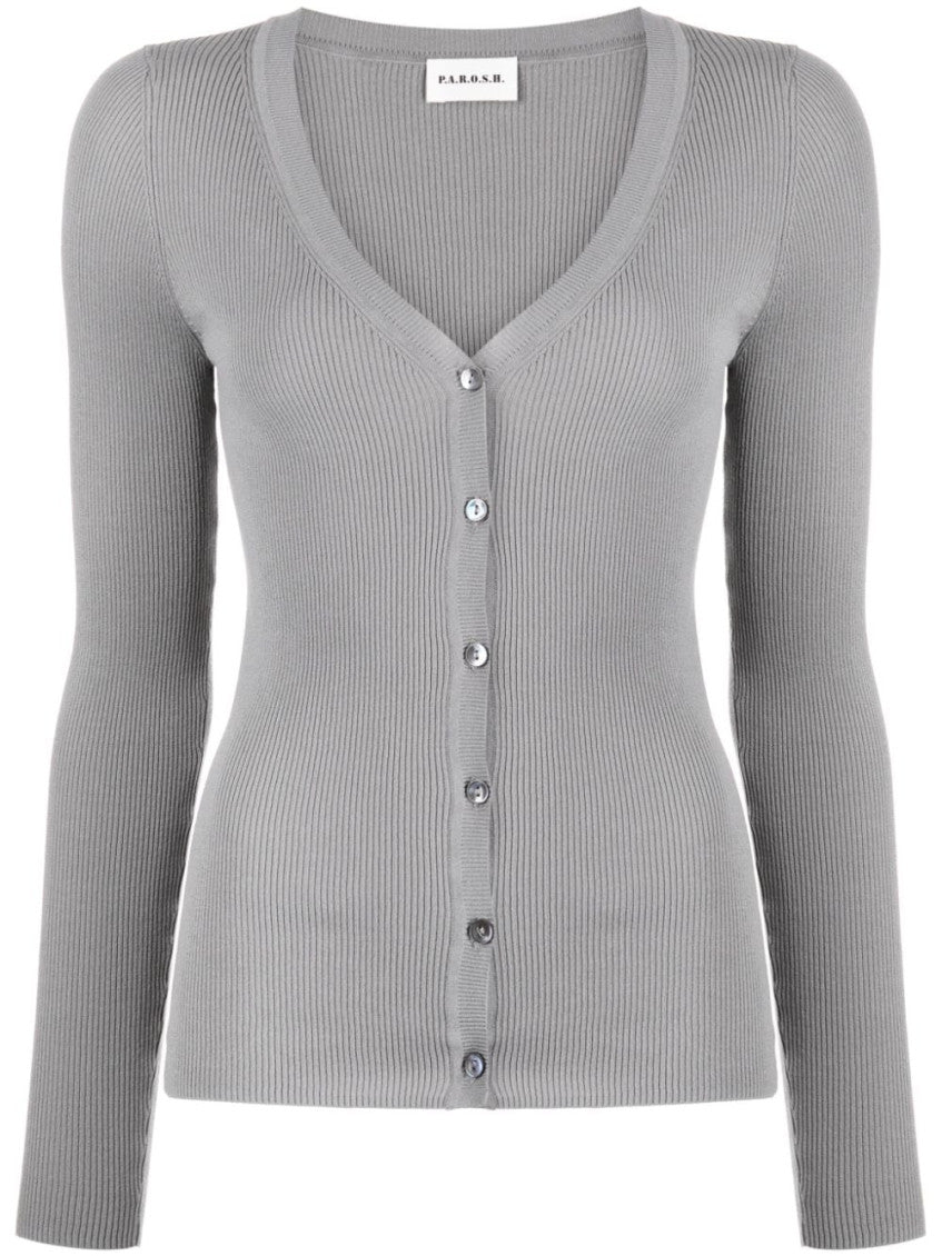 Grey V-neck ribbed cardigan 1