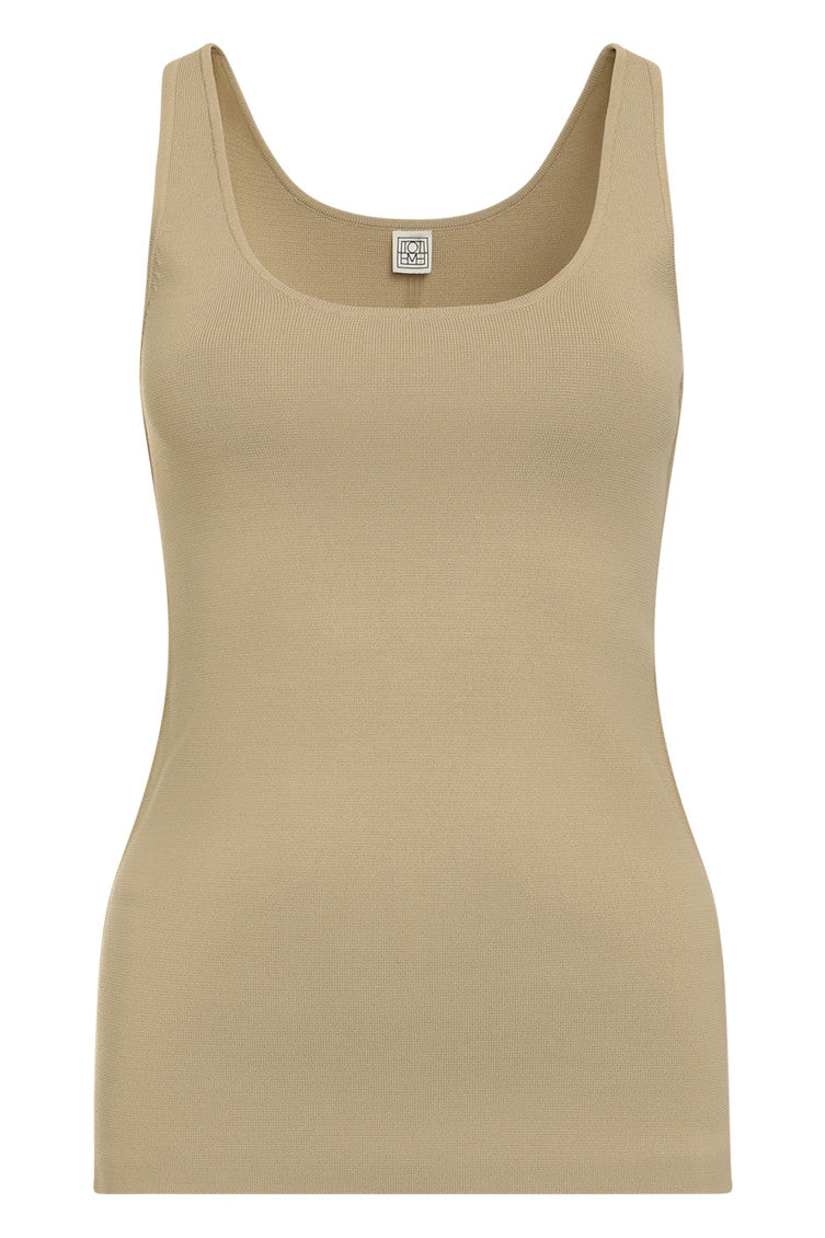 Beige Scoop Neck Ribbed Tank Top 1
