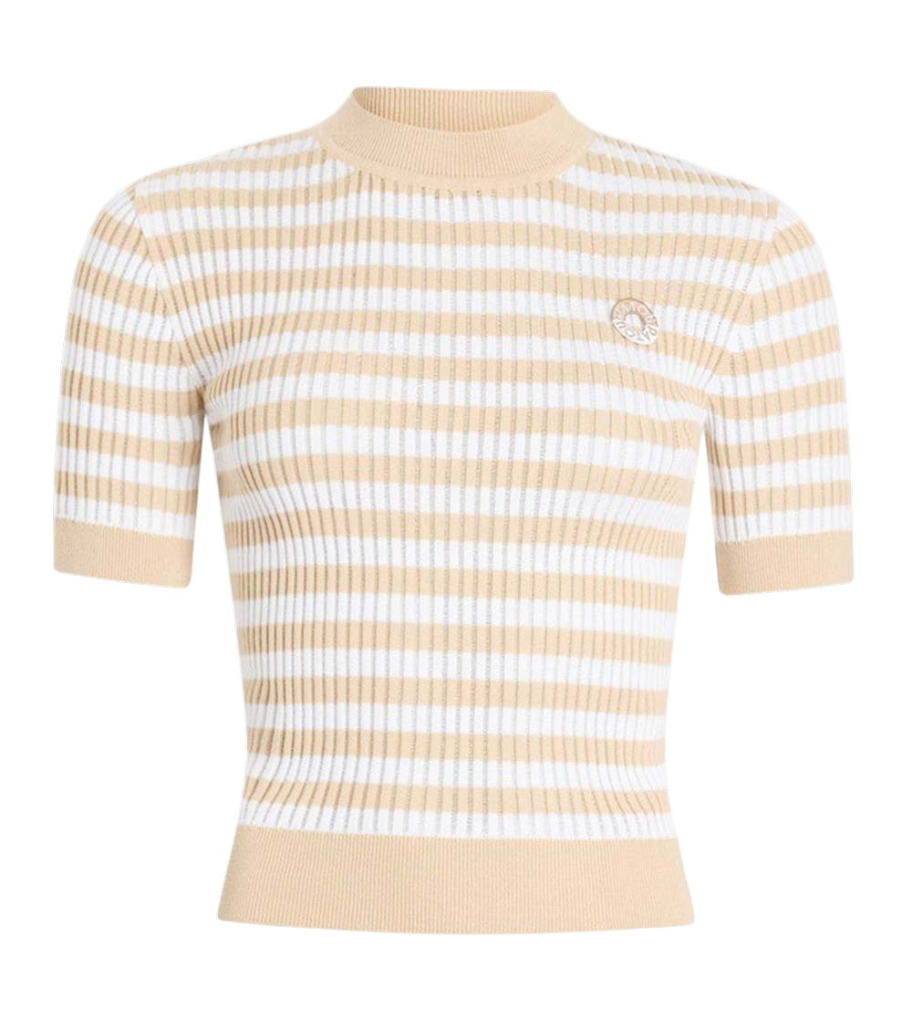 Beige Stripes Mock Collar T-Shirt 1