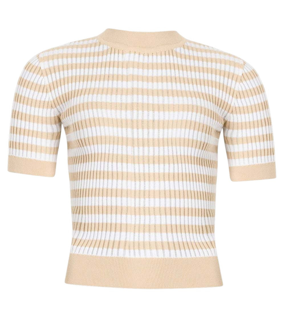 Beige Stripes Mock Collar T-Shirt 2