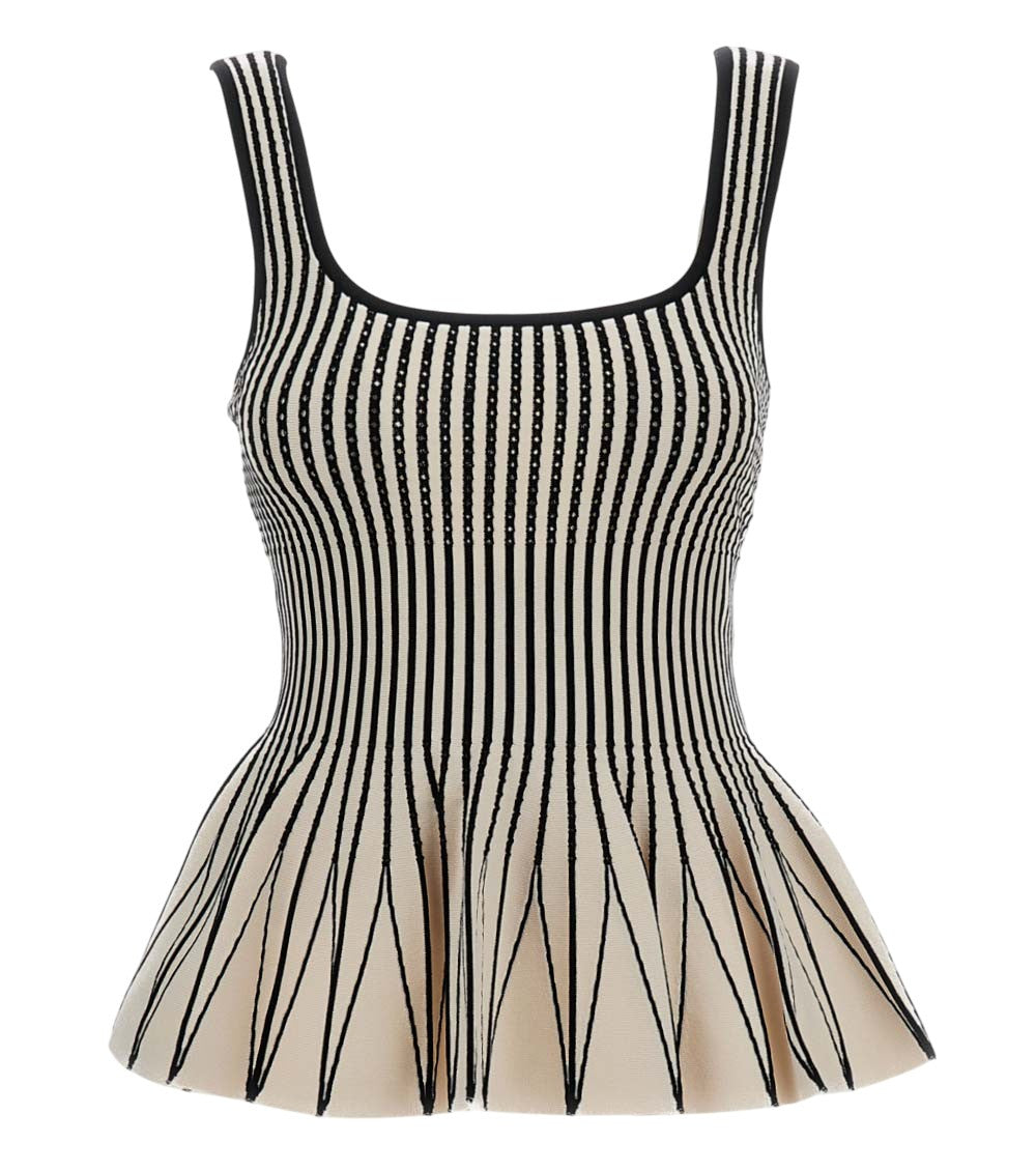Beige Stripes Square Neck Peplum Top 1