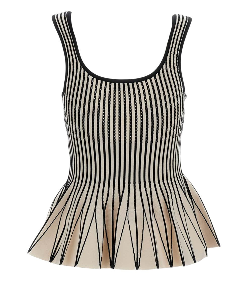 Beige Stripes Square Neck Peplum Top 2