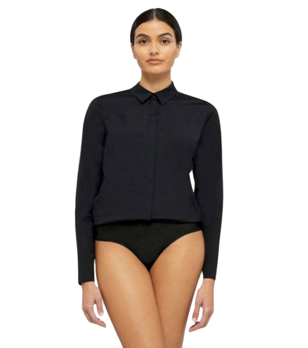 Black Solid Shirt Collar Top 1