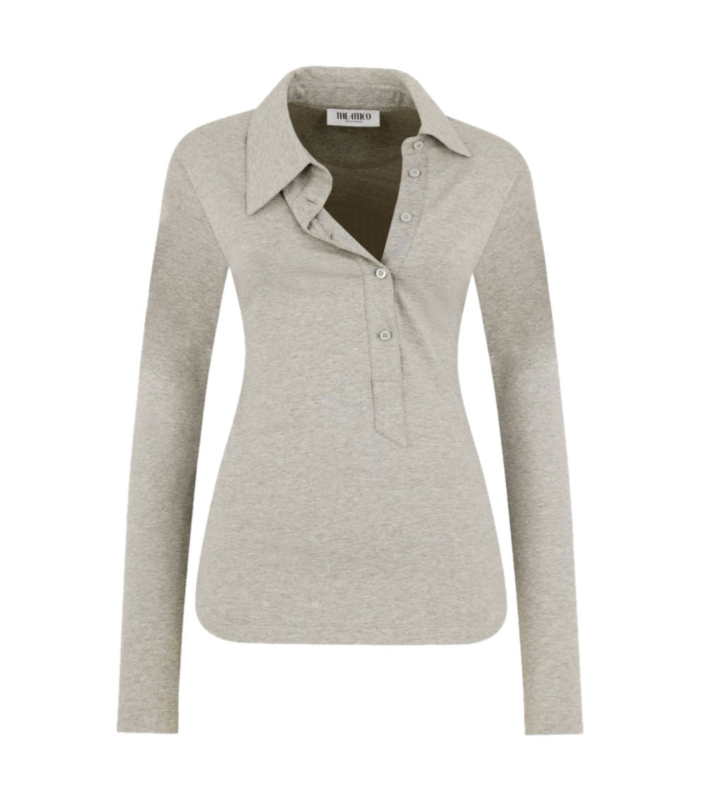 Light Grey Solid Shirt Collar Top 1