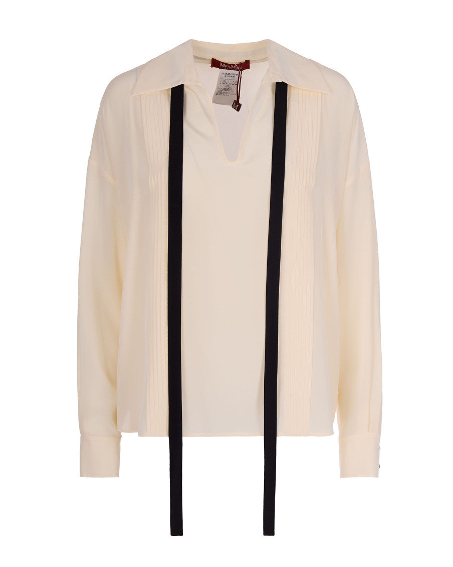 Beige Relaxed Tie Neck Pleated Shirt 1