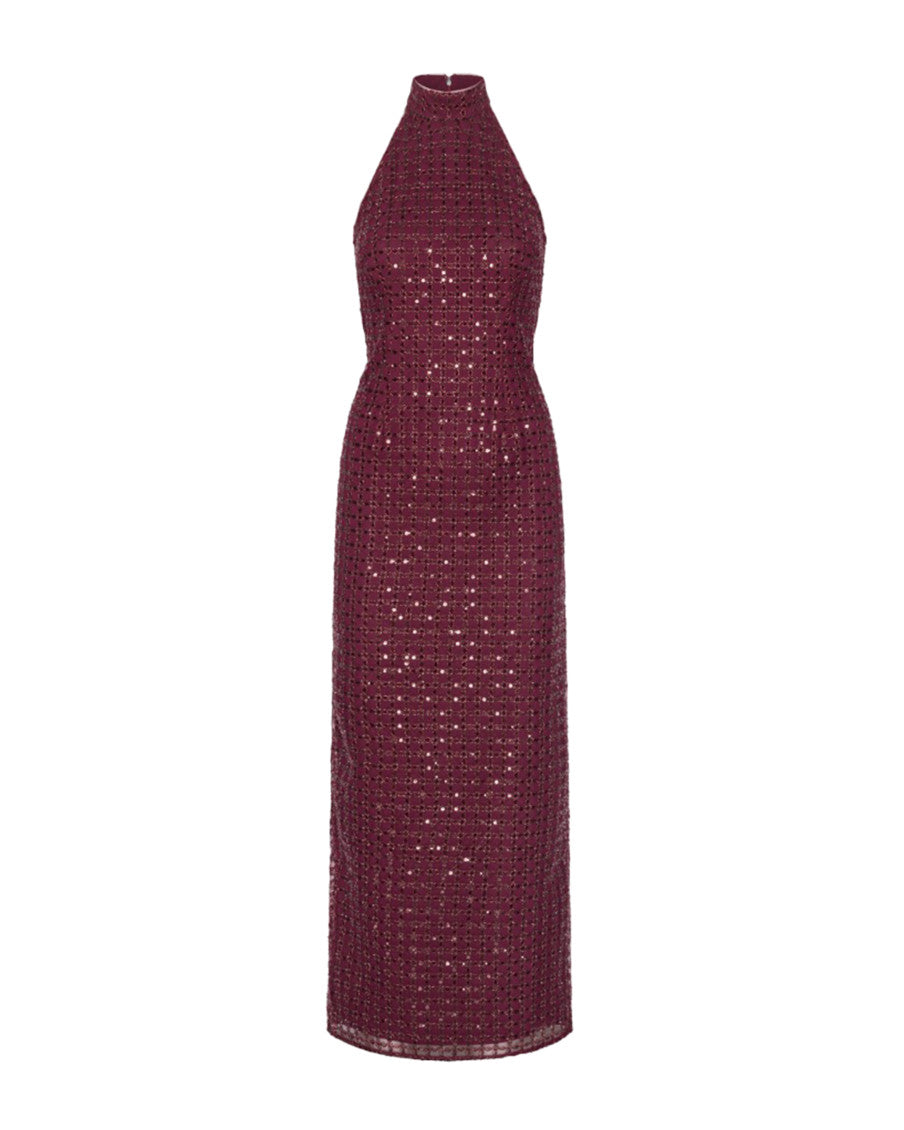 Maroon Embellished Halter Neck Maxi Dress 1